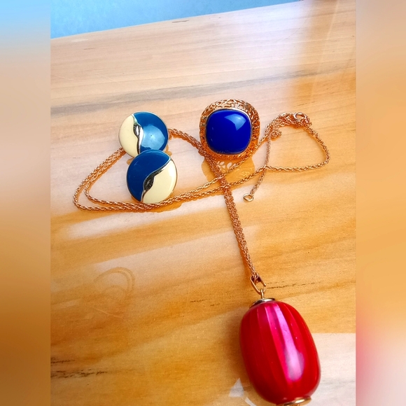 Patriotic Jewelry Lot Sarah Cov Pendant Necklace, Clips, Blue Chalcedony Ring - Picture 1 of 8